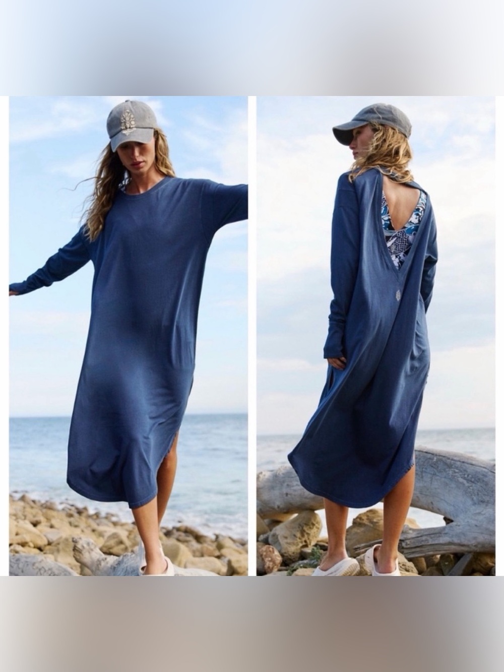 Free People Movement Long Game Layer Dress size S Blue Oversized Midi Long Sleev